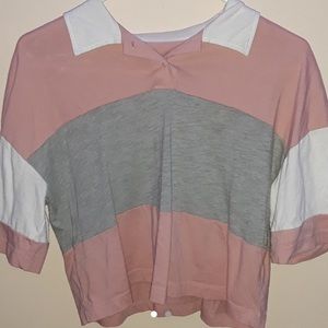 pink and grey crop top white collar